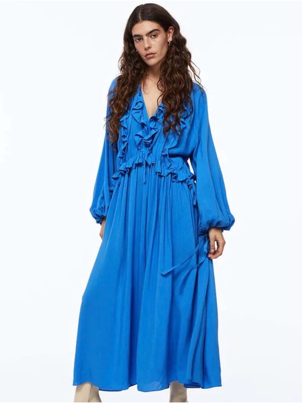NWT! H&M Flowing Ruffle V-Neck Maxi Dress in Bright Blue